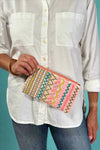 Coral Cotton Suede Beaded Wristlet