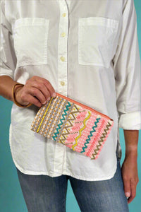Coral Cotton Suede Beaded Wristlet