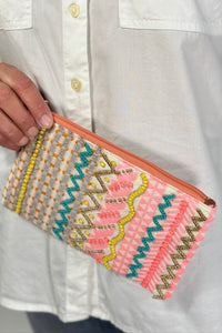 Coral Cotton Suede Beaded Wristlet
