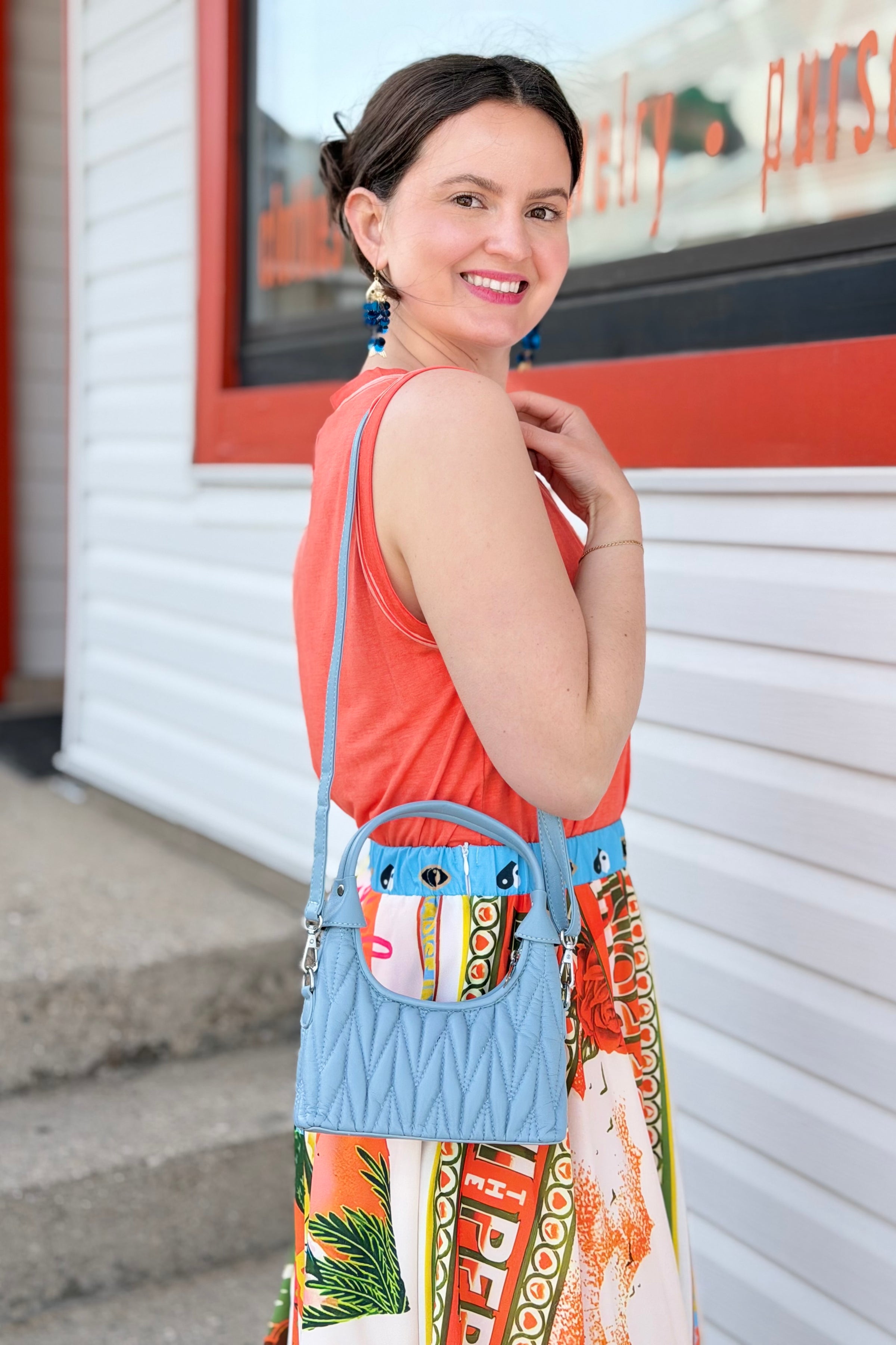 Mini Quilted Vegan Leather Crossbody - Blue