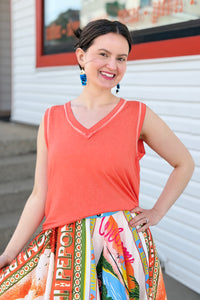 V-neck Raw Edge Tank Top - Orange