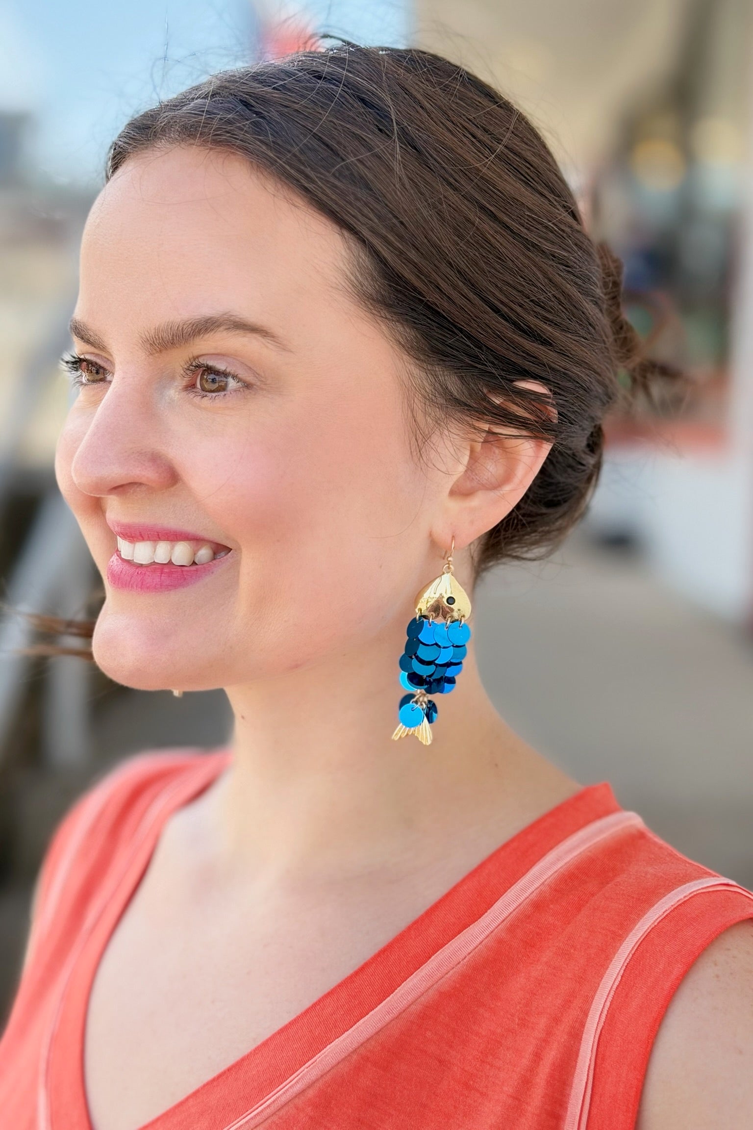 Blue Sequin Fish Earrings