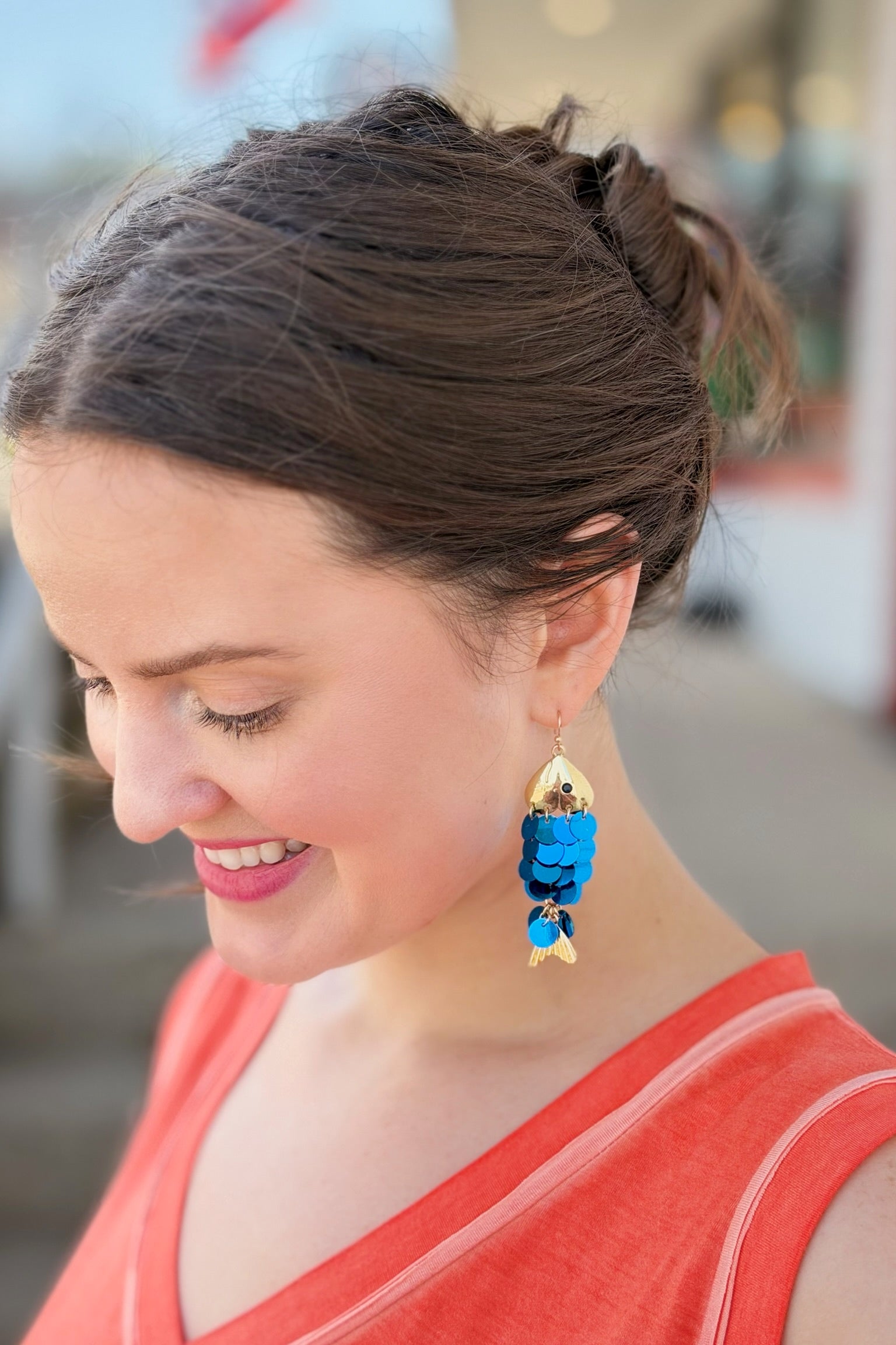 Blue Sequin Fish Earrings