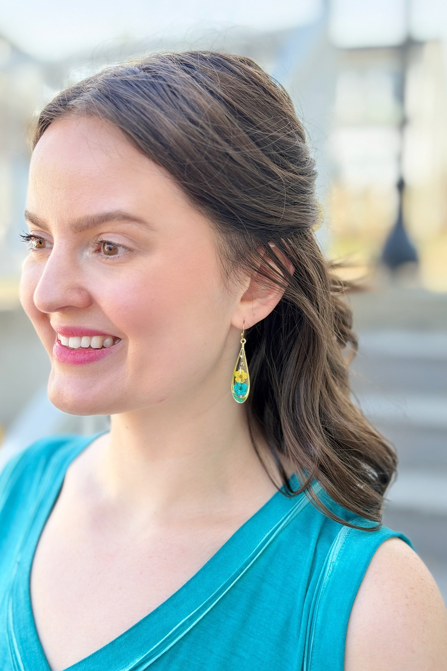 Pressed Yellow & Teal Flower Teardrop Earrings