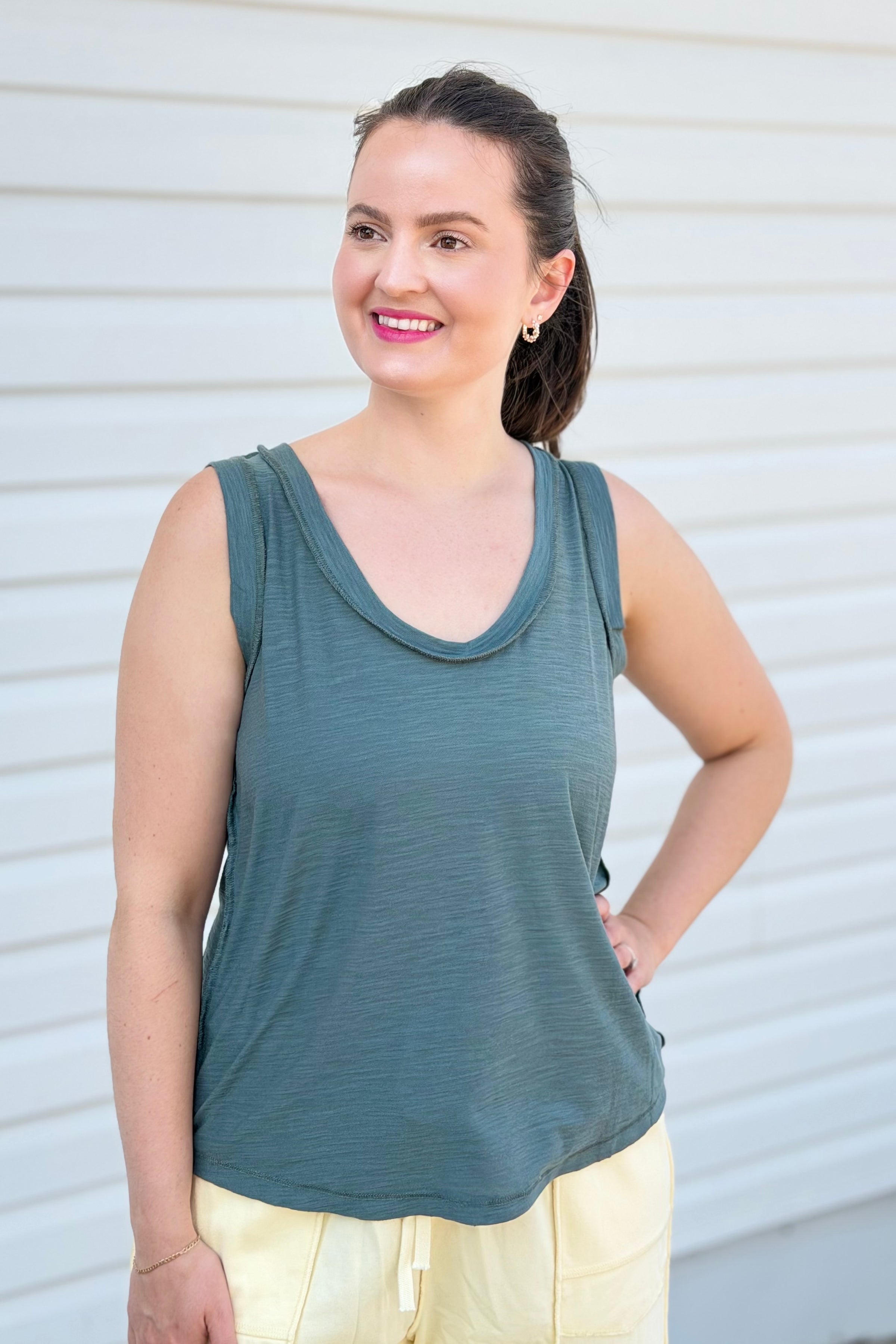 Raw Edge Detail Tank Top - Jade