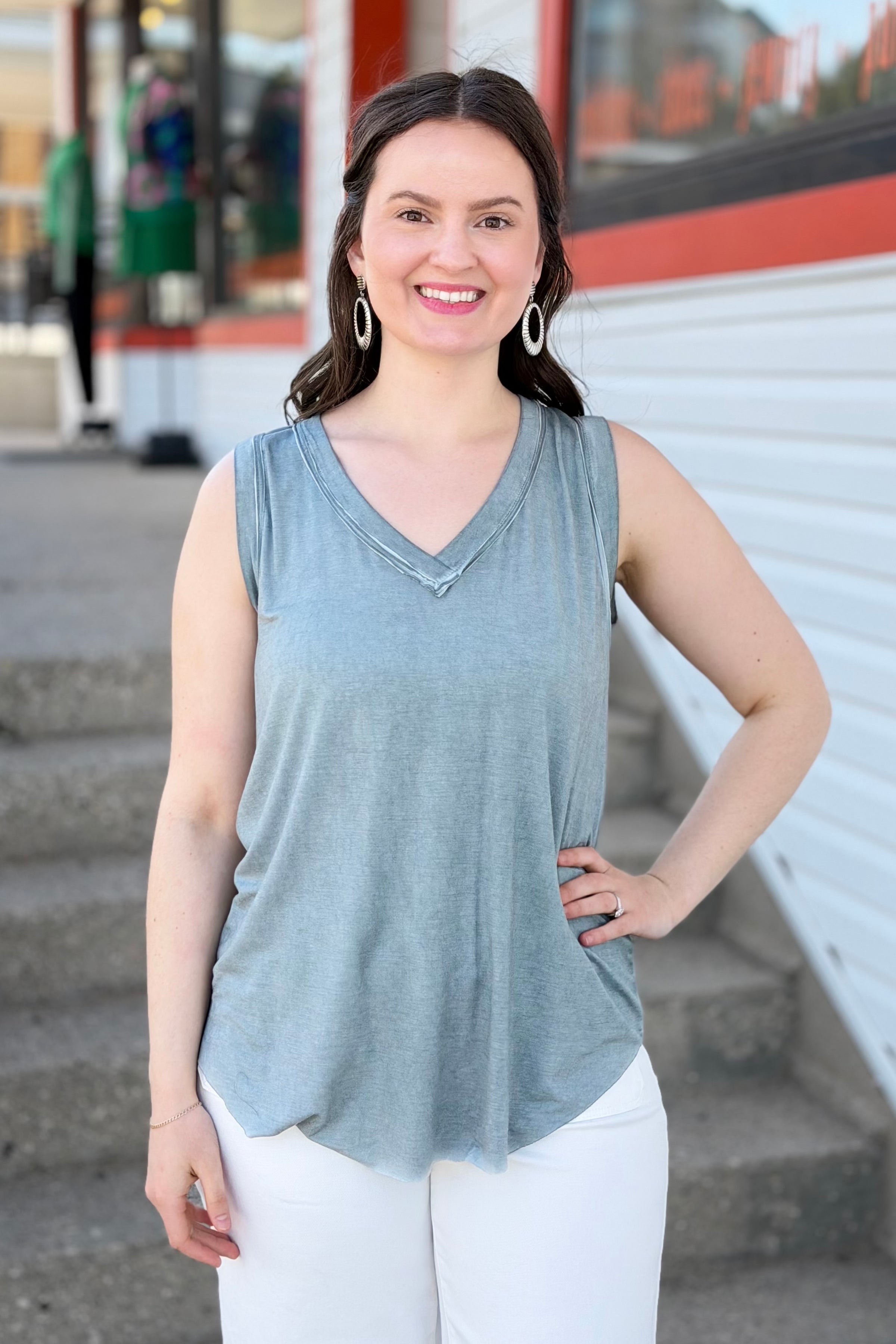 V-neck Raw Edge Tank Top - Ash