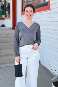 Lace Panel Long-Sleeved Top - Grey