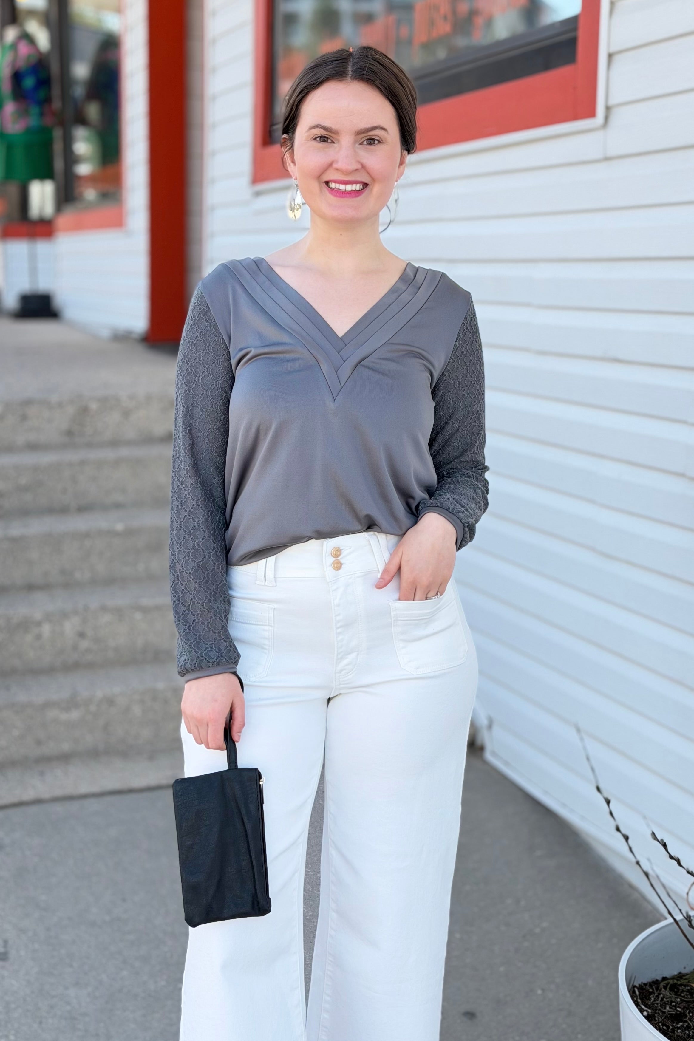 Lace Panel Long-Sleeved Top - Grey
