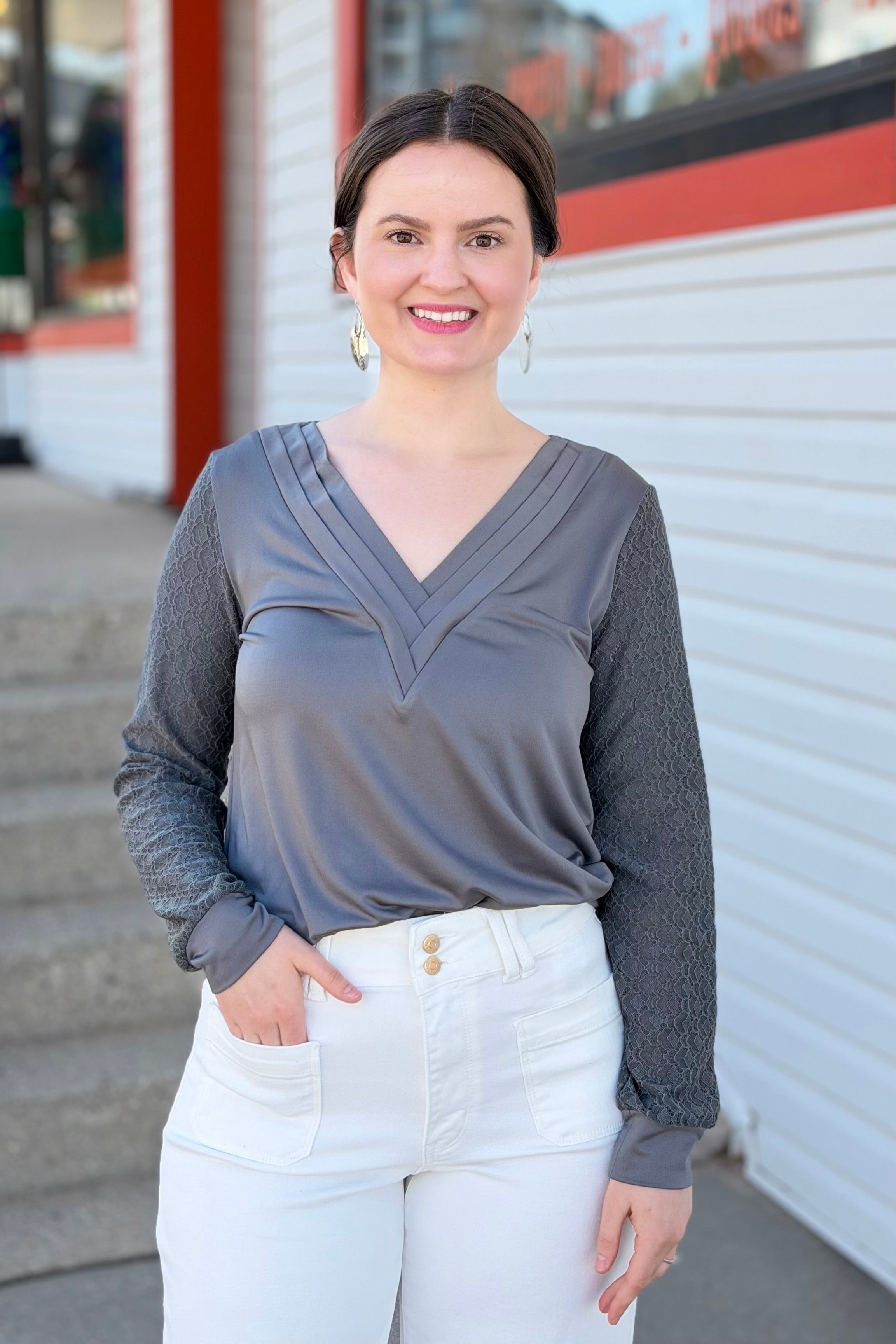 Lace Panel Long-Sleeved Top - Grey