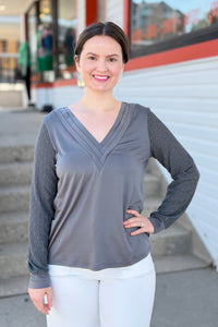 Lace Panel Long-Sleeved Top - Grey