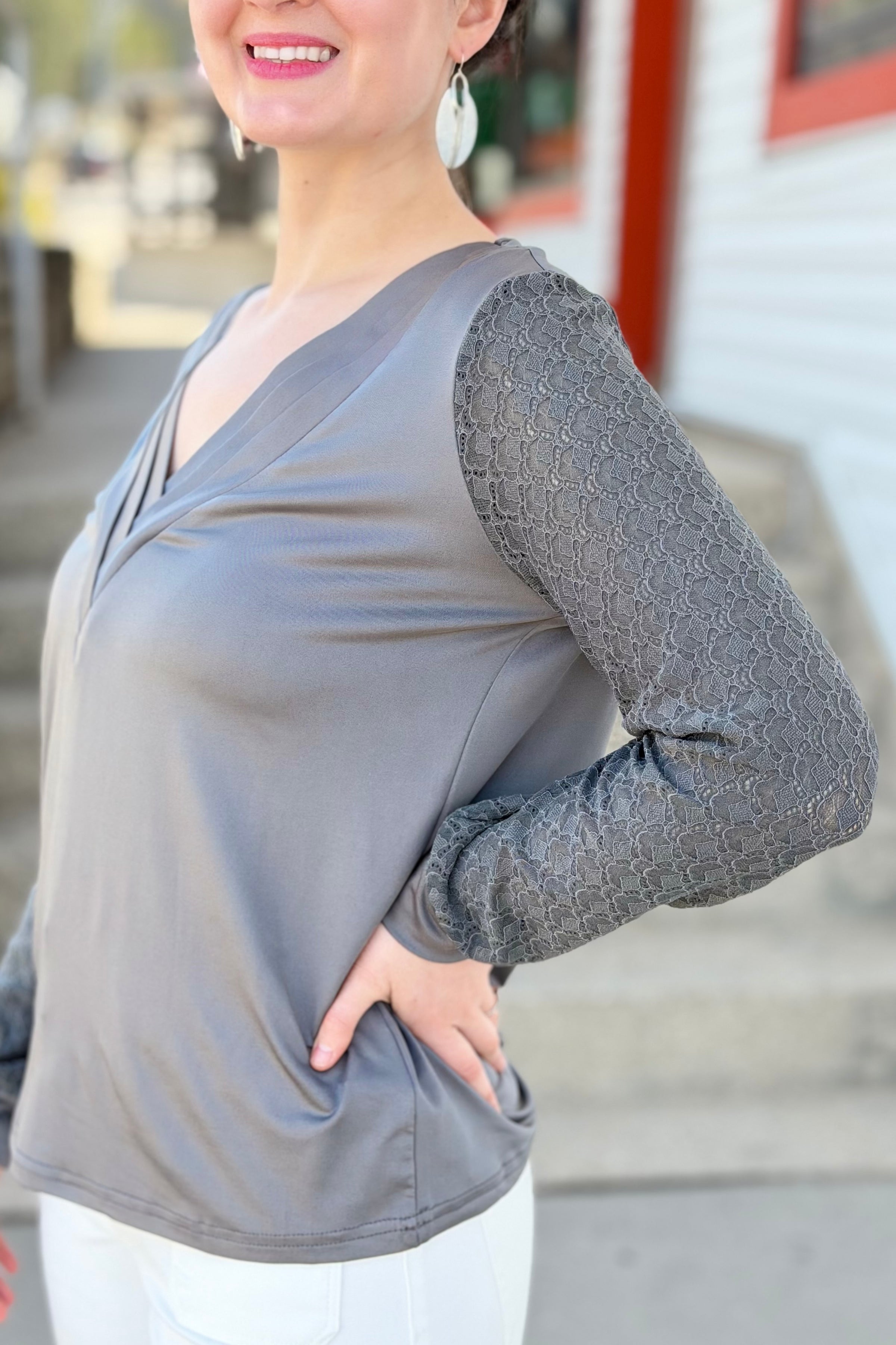 Lace Panel Long-Sleeved Top - Grey