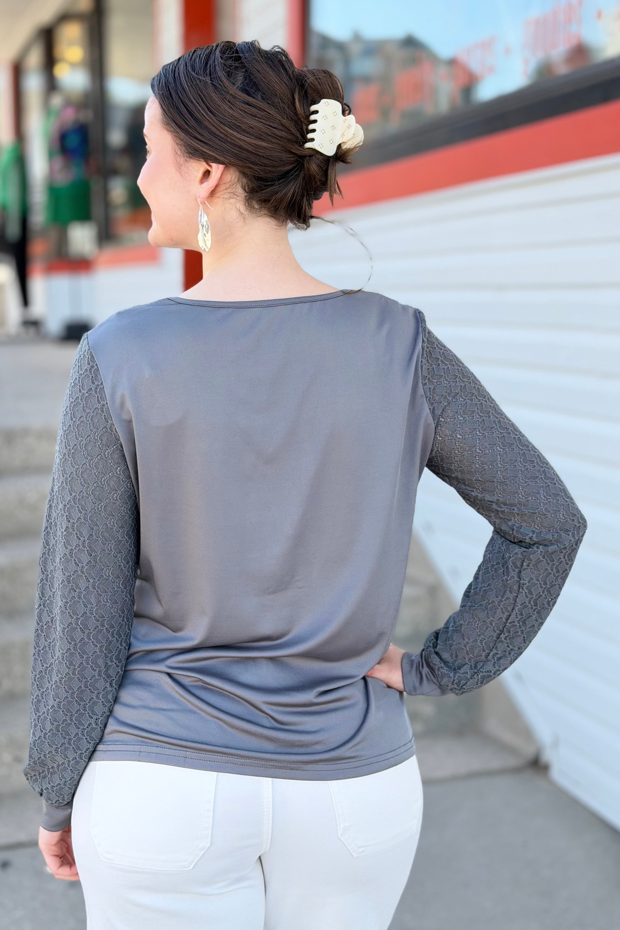 Lace Panel Long-Sleeved Top - Grey