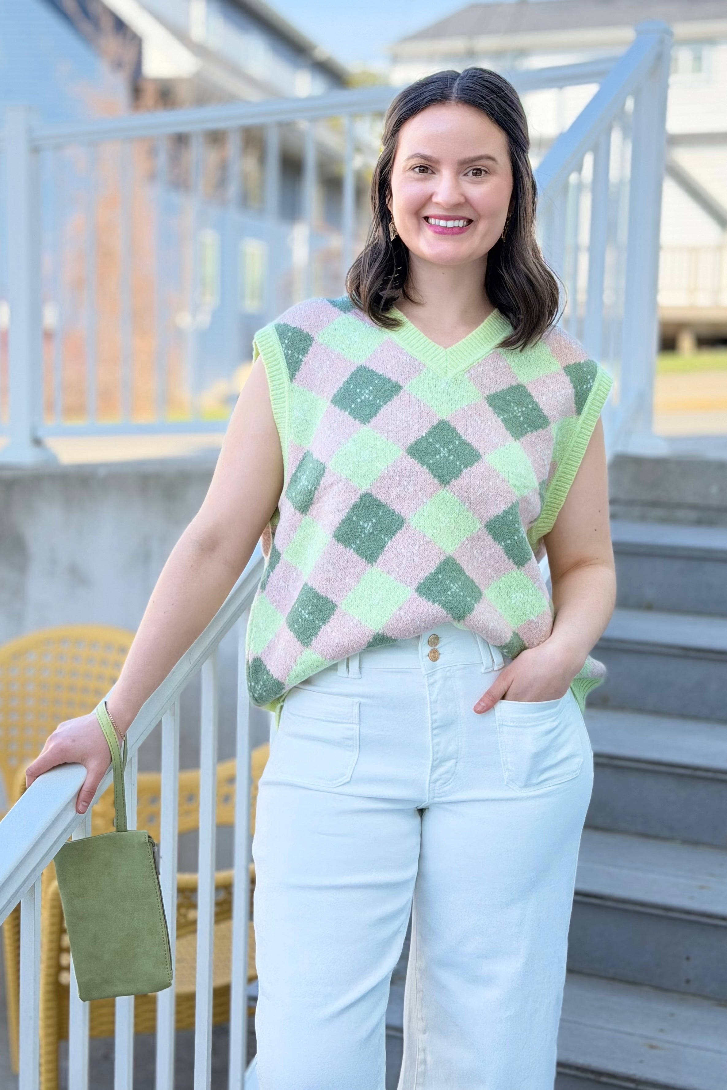 Argyle Sweater Drop-Shoulder Vest - Lime