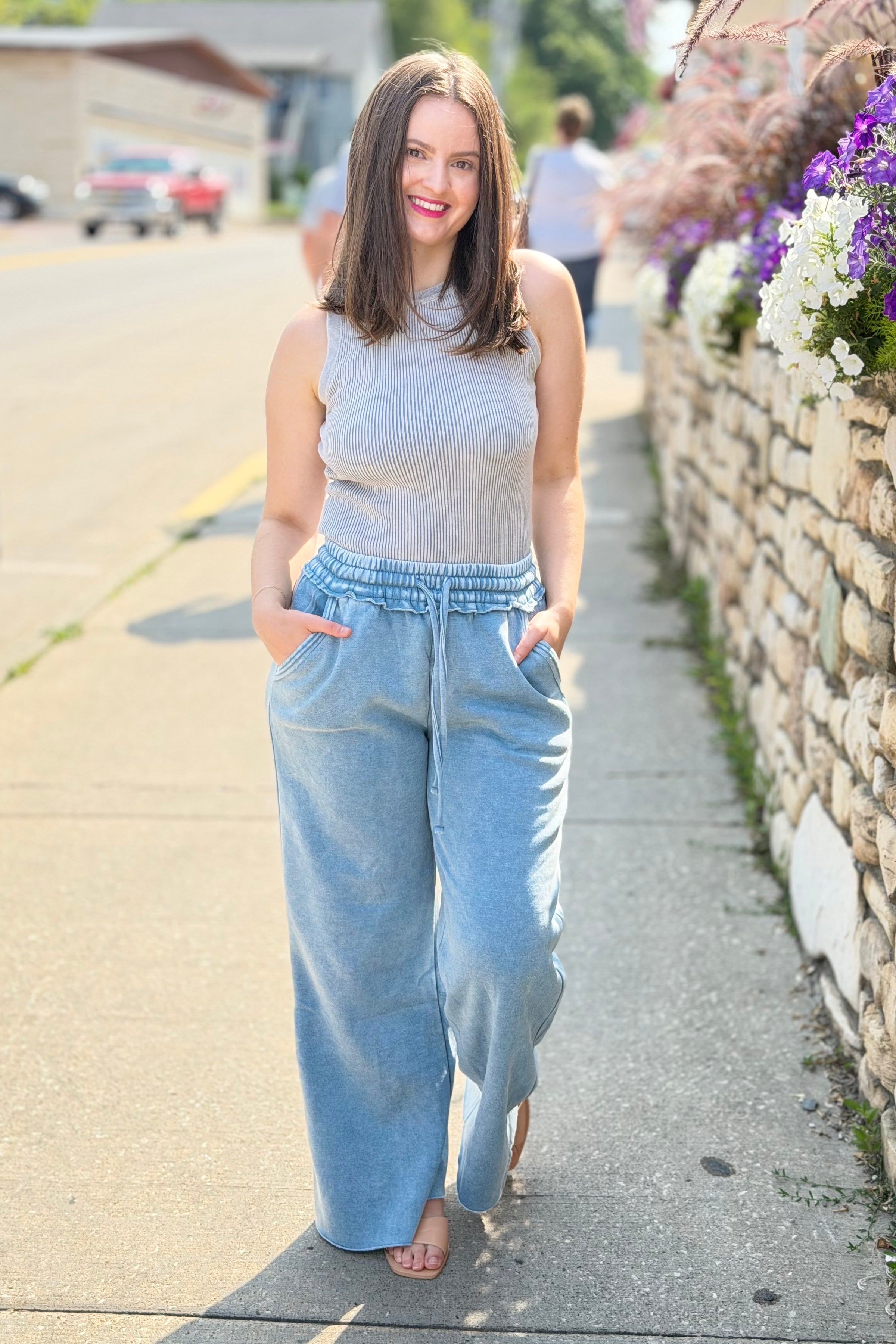 Acid Wash Palazzo Sweatpants - Blue