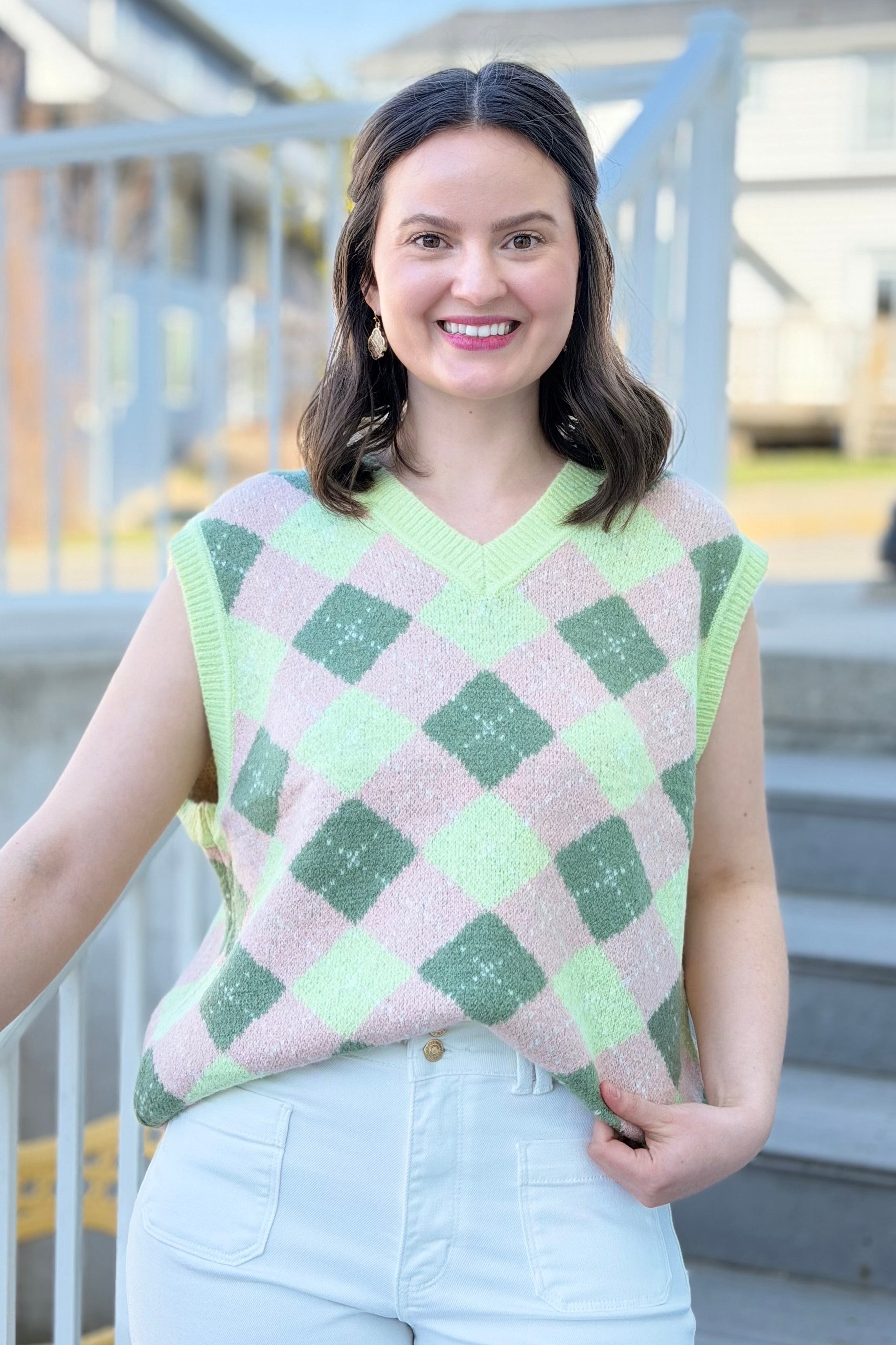 Argyle Sweater Drop-Shoulder Vest - Lime