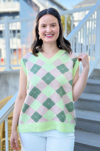 Argyle Sweater Drop-Shoulder Vest - Lime
