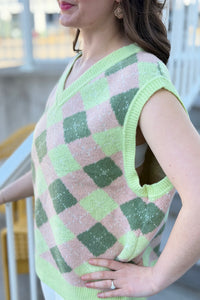 Argyle Sweater Drop-Shoulder Vest - Lime
