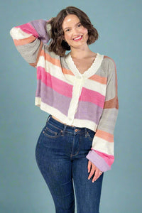 Striped Balloon Sleeve Cardigan - Rainbow