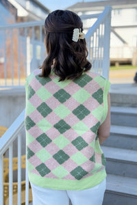 Argyle Sweater Drop-Shoulder Vest - Lime