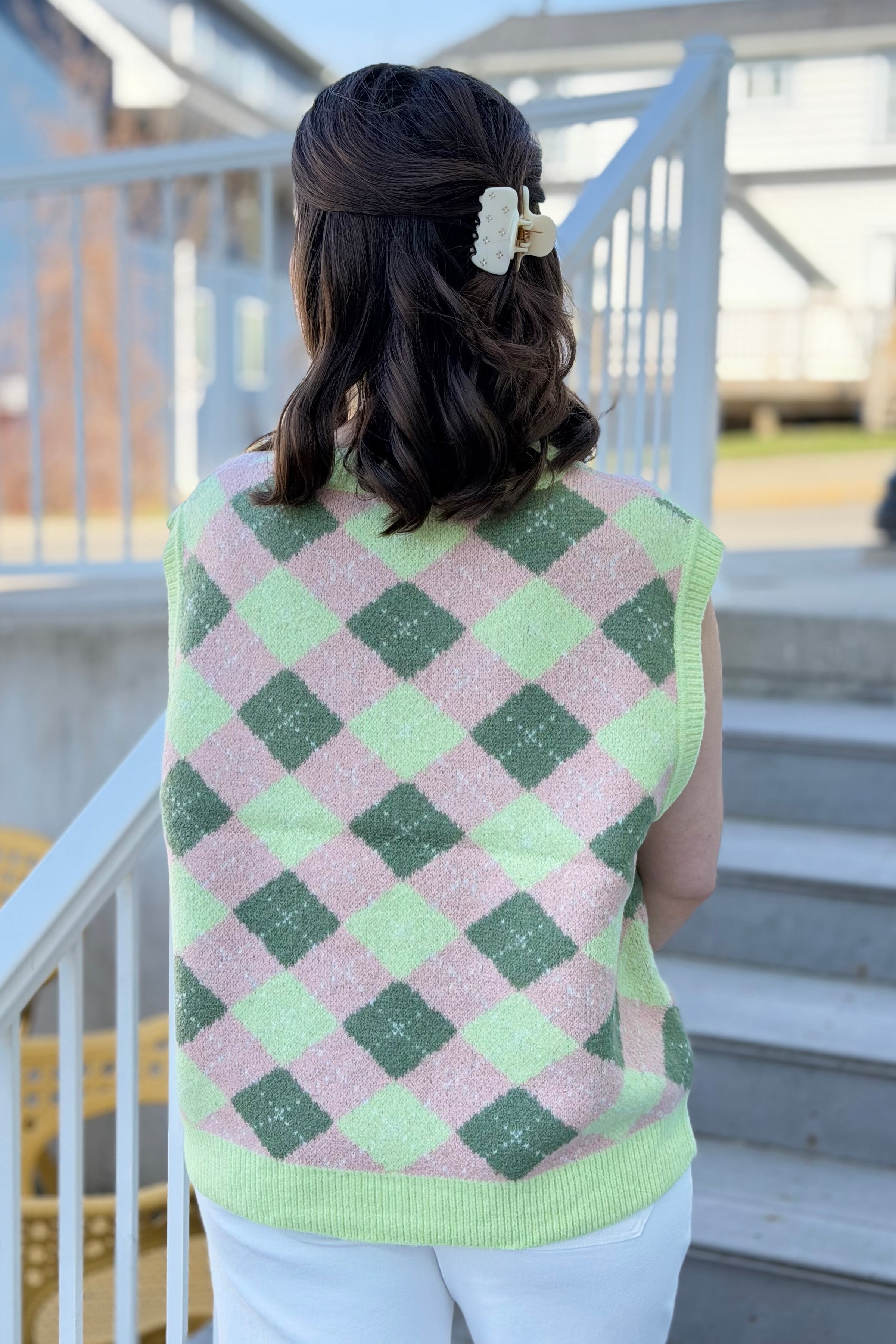 Argyle Sweater Drop-Shoulder Vest - Lime