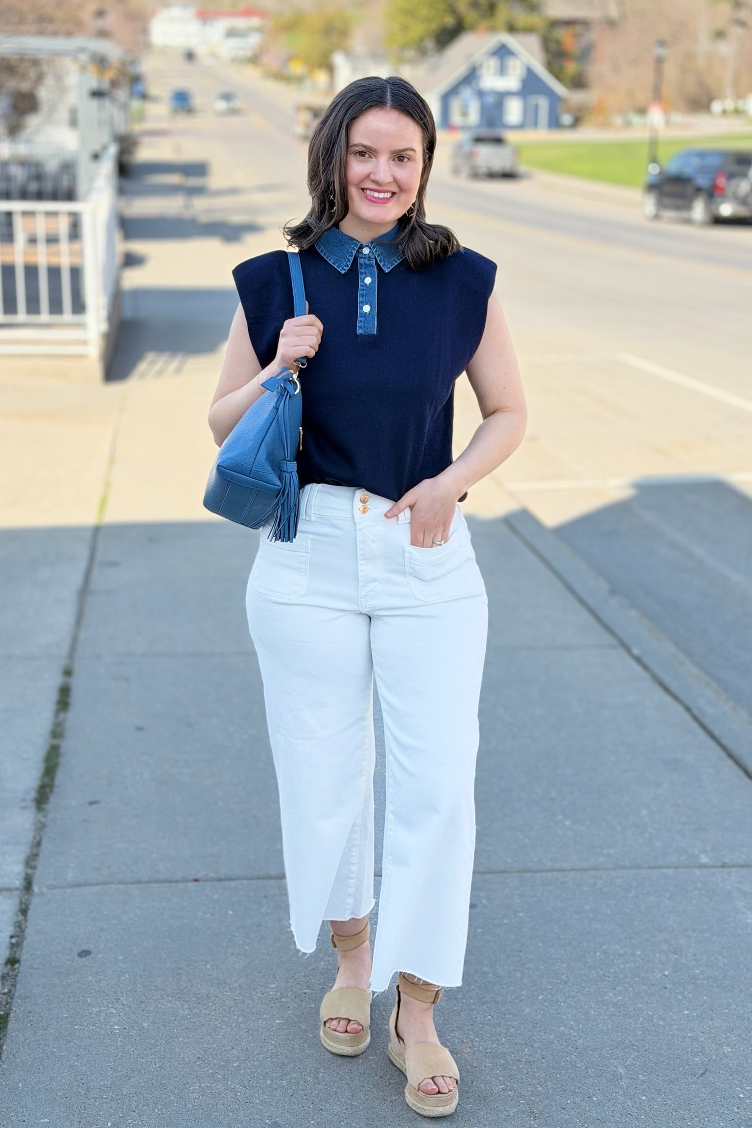 Denim Collar Top - Navy