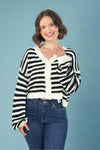 Striped Balloon Sleeve Cardigan - Black