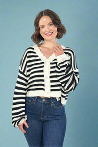 Striped Balloon Sleeve Cardigan - Black