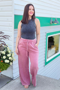 Acid Wash Palazzo Sweatpants - Rose