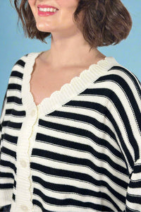 Striped Balloon Sleeve Cardigan - Black