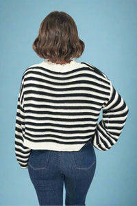 Striped Balloon Sleeve Cardigan - Black