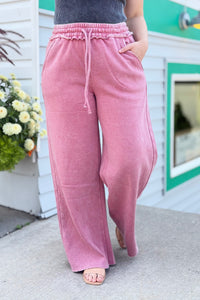 Acid Wash Palazzo Sweatpants - Rose