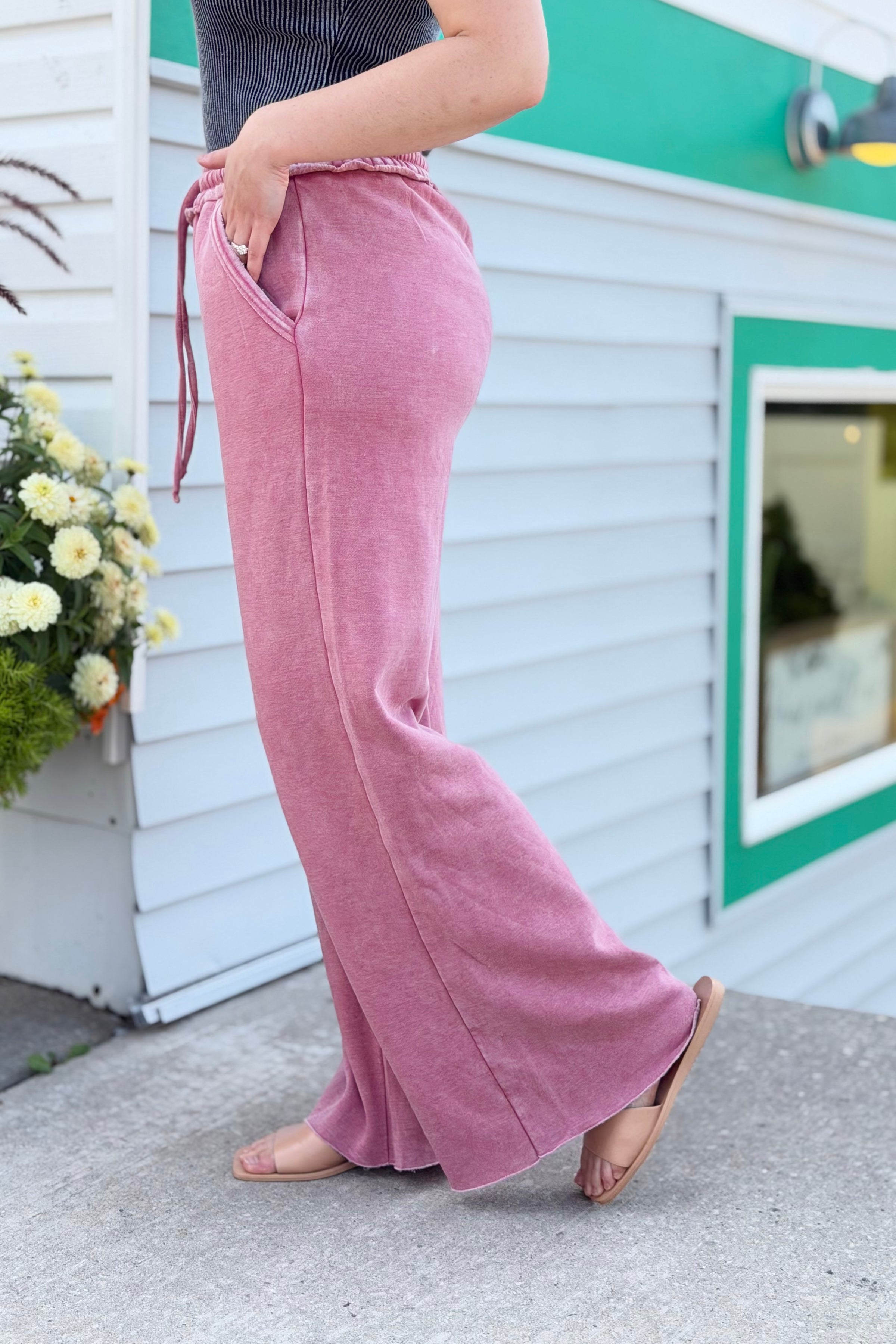 Acid Wash Palazzo Sweatpants - Rose