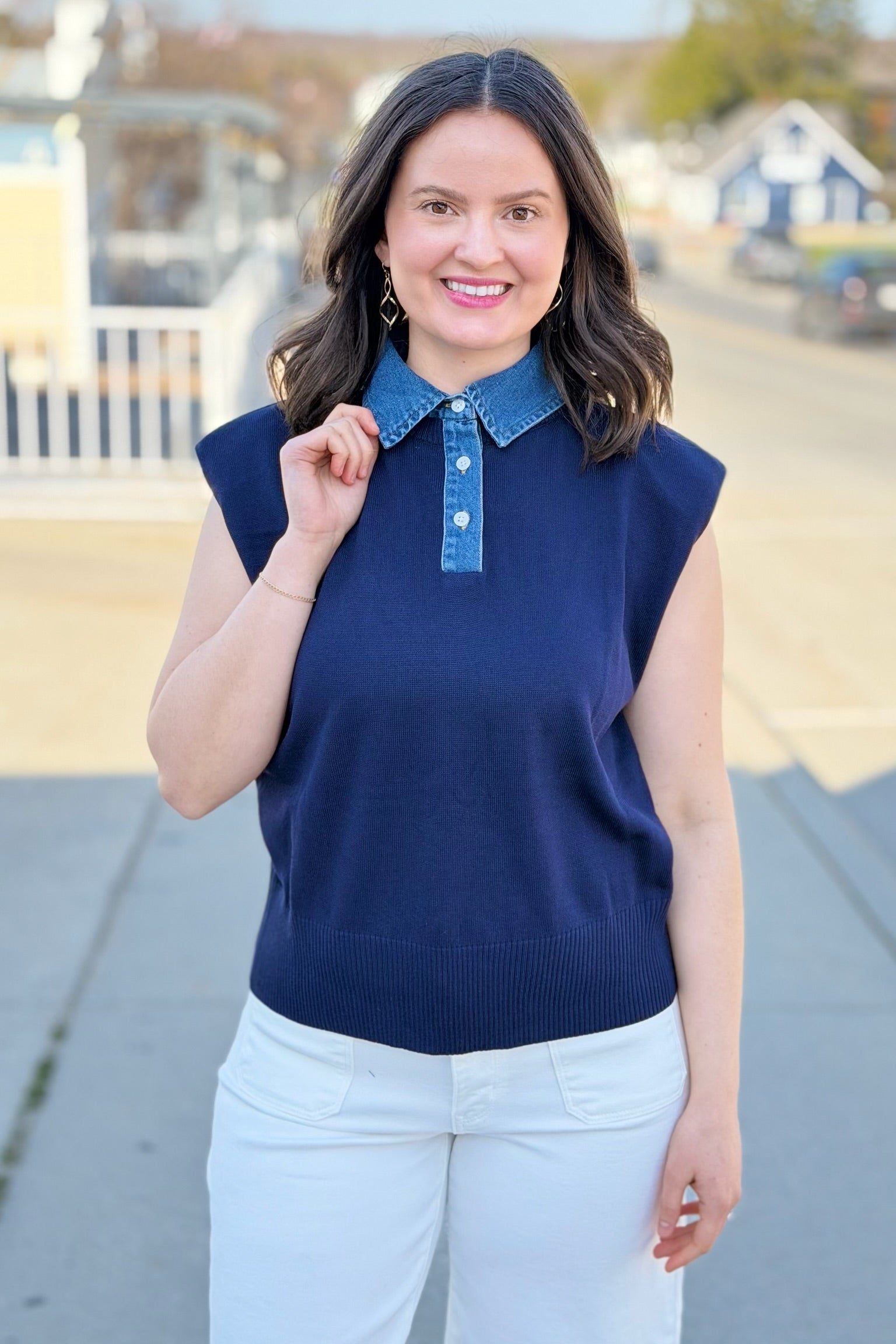 Denim Collar Top - Navy