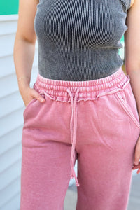 Acid Wash Palazzo Sweatpants - Rose