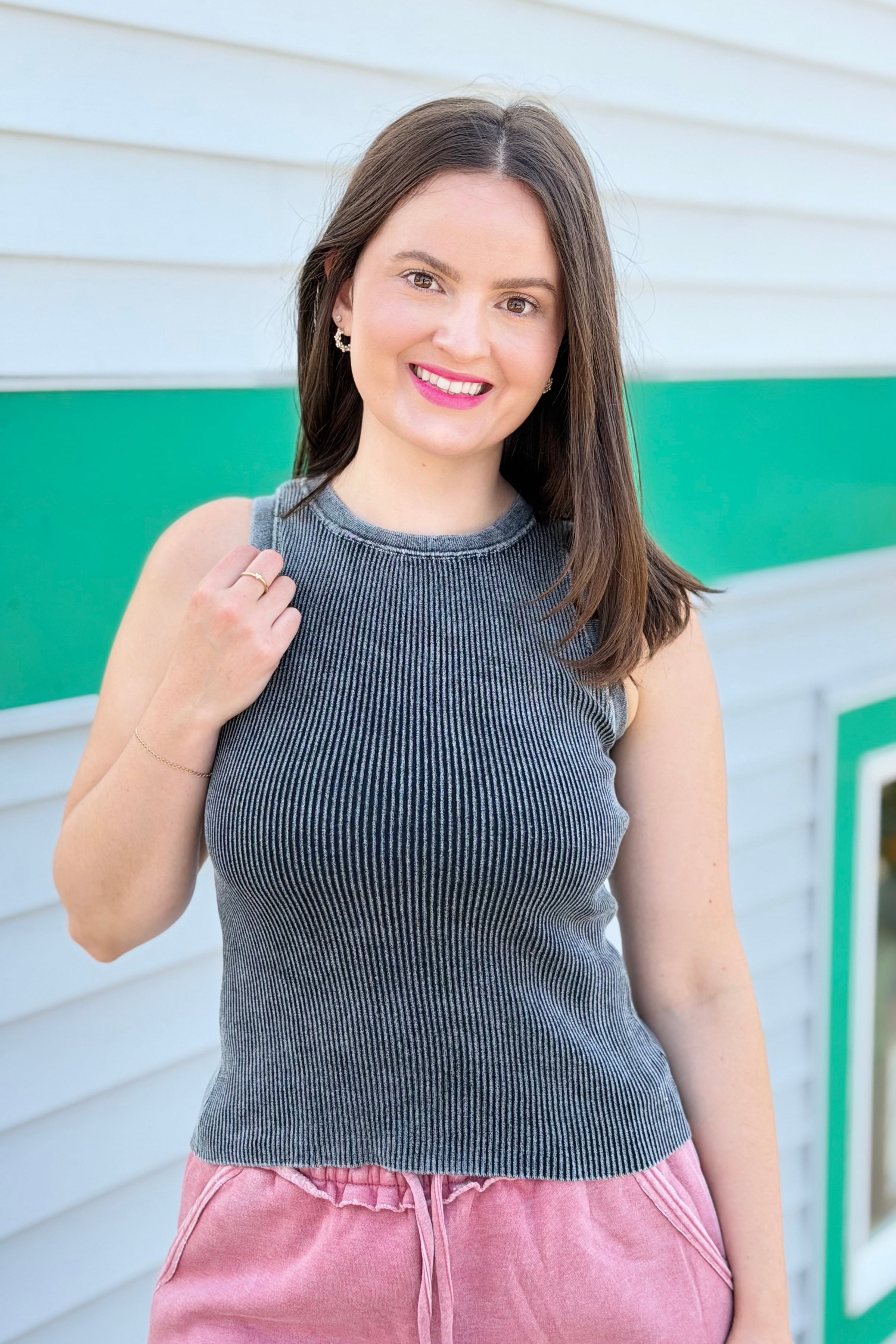 Washed Ribbed Tank Top - Black