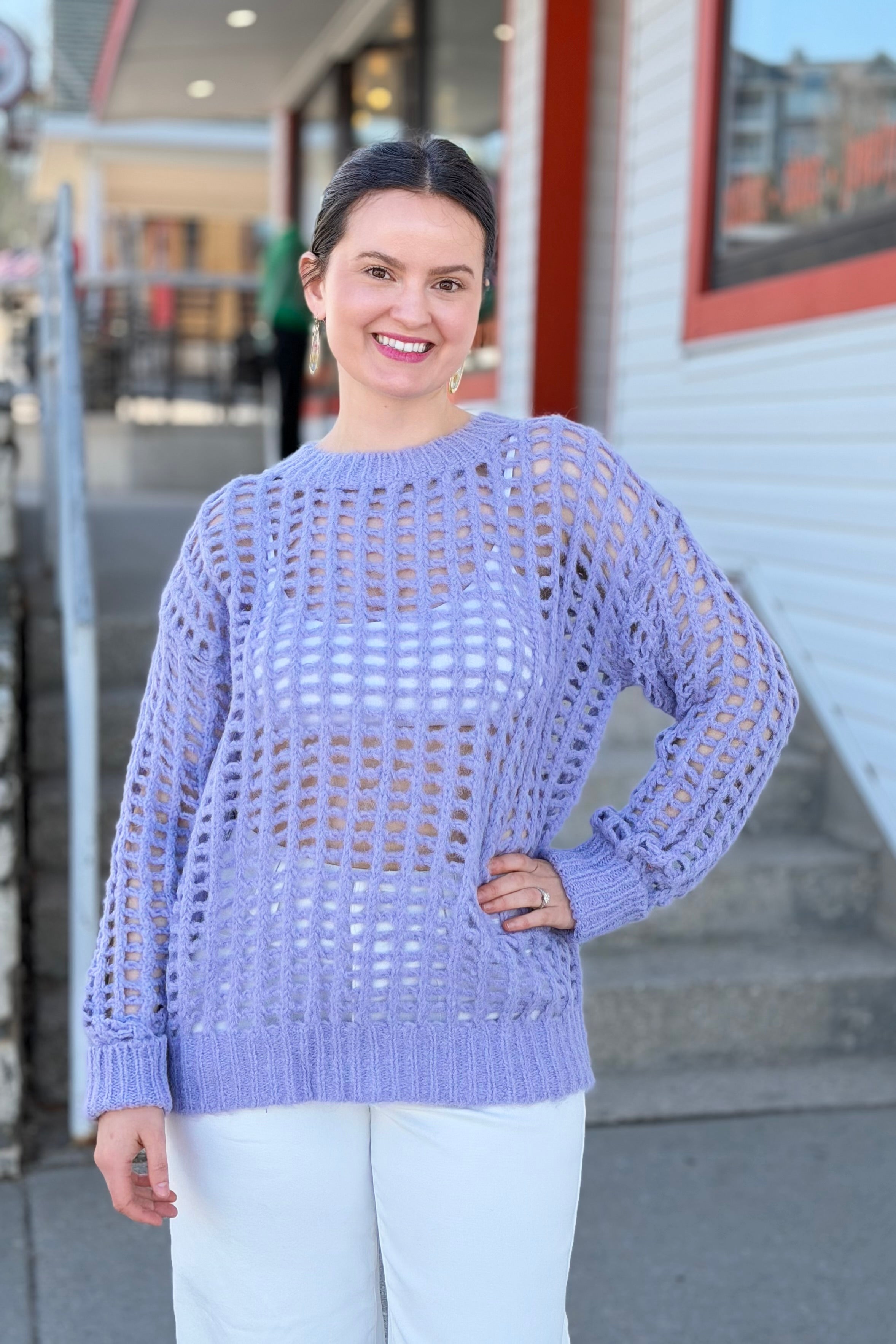 Open Stitch Long Sleeve Sweater - Taro