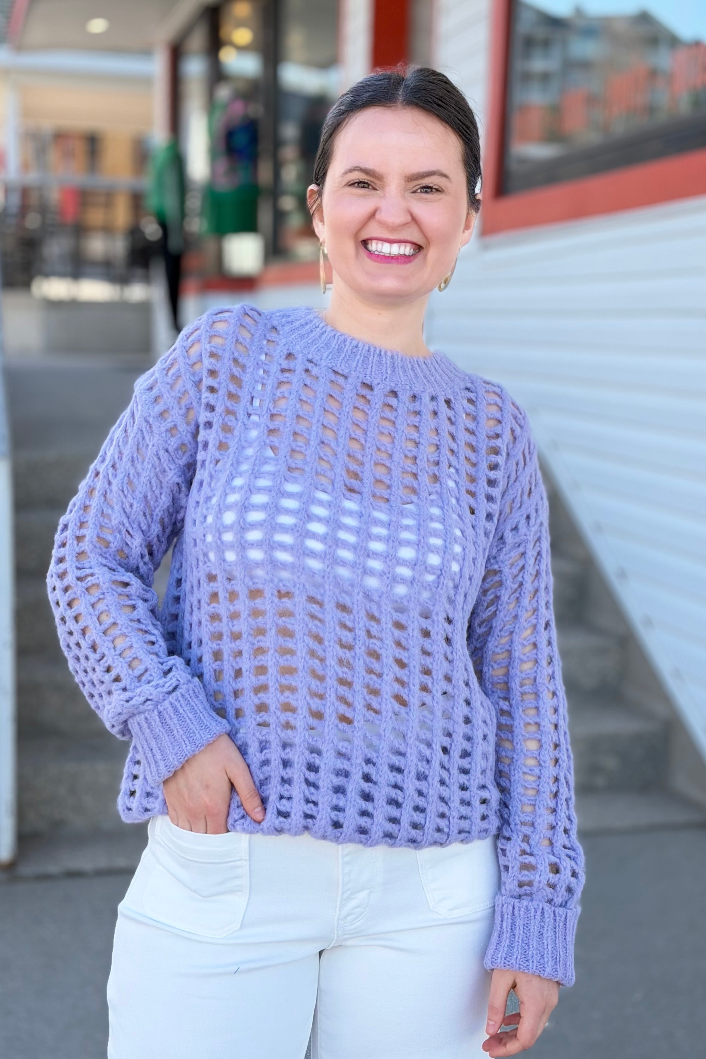 Open Stitch Long Sleeve Sweater - Taro