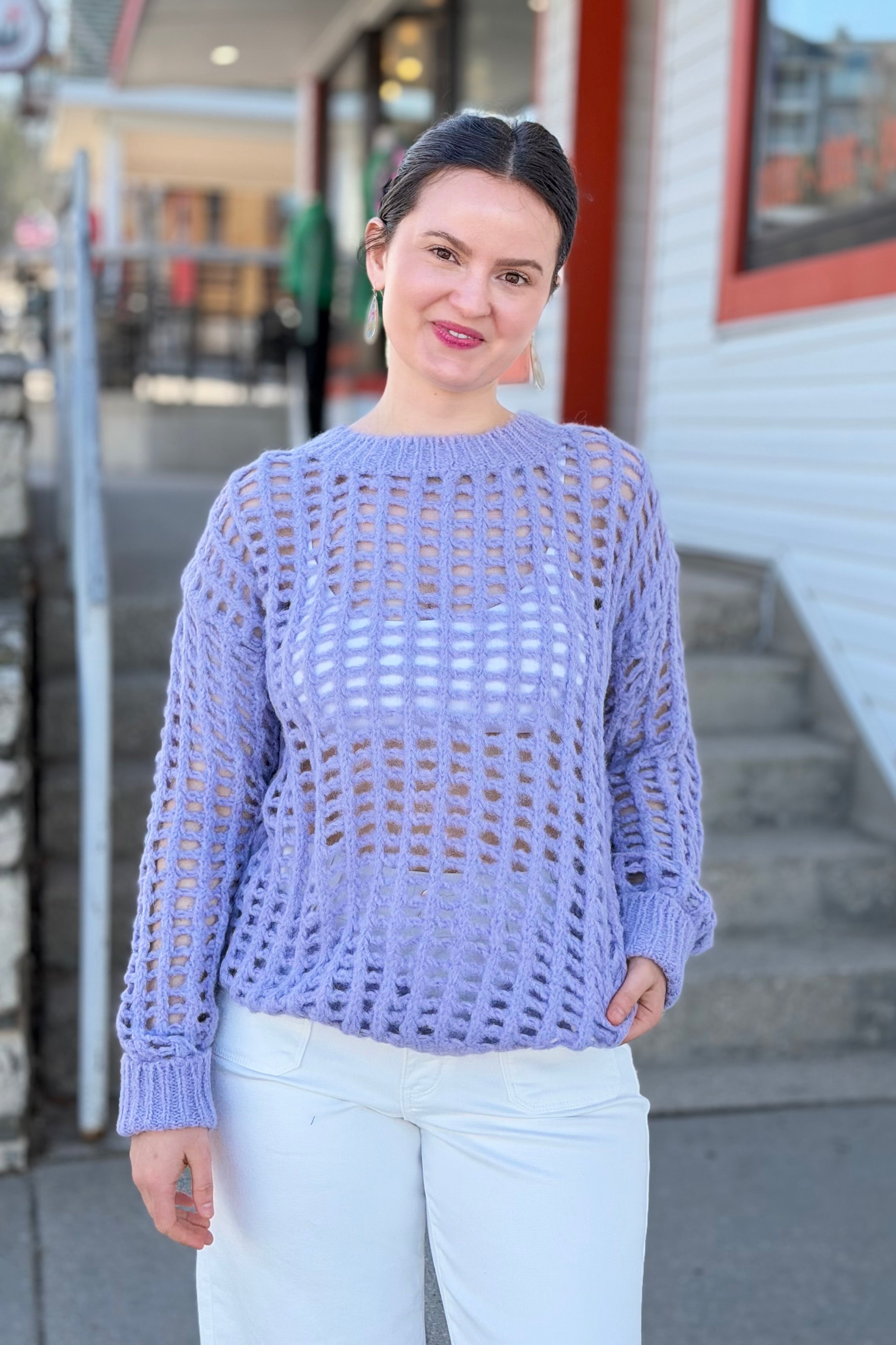 Open Stitch Long Sleeve Sweater - Taro