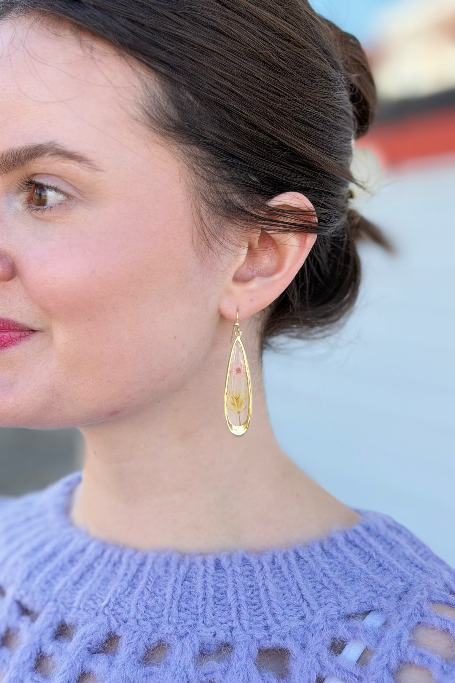 Pressed Pink Flower Teardrop Earrings