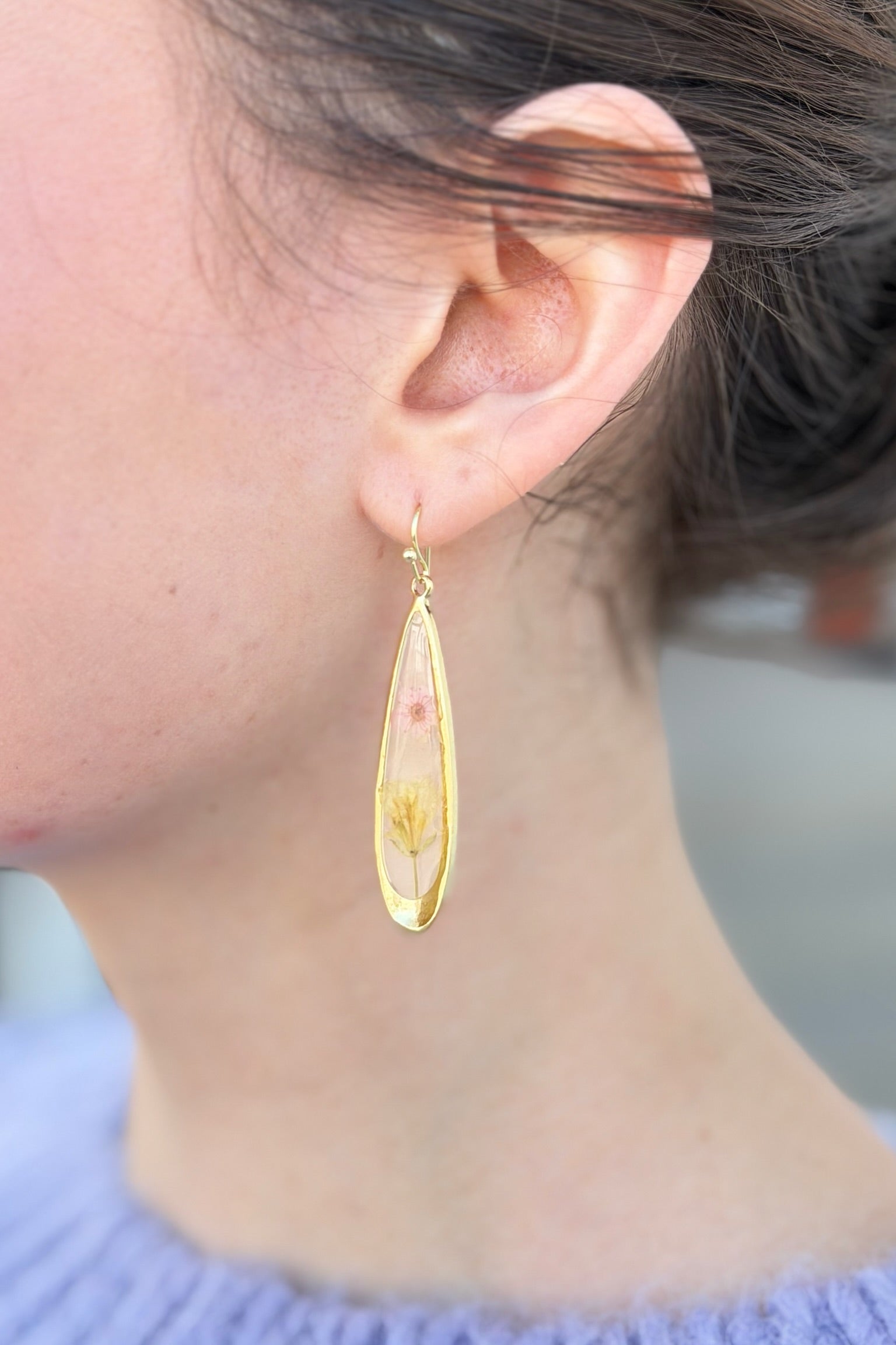 Pressed Pink Flower Teardrop Earrings