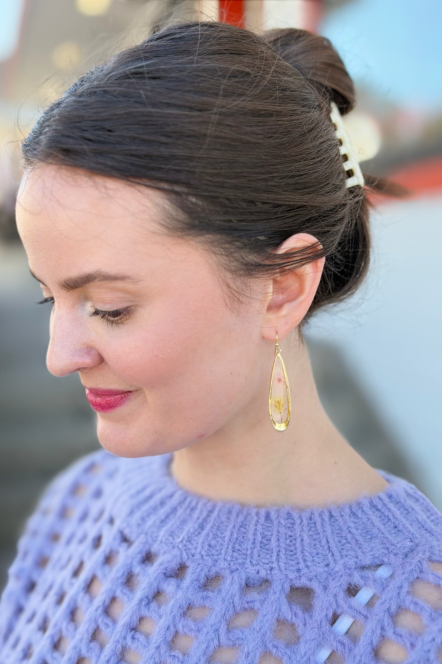 Pressed Pink Flower Teardrop Earrings