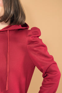 Puff Sleeve Casual Hoodie - Wine