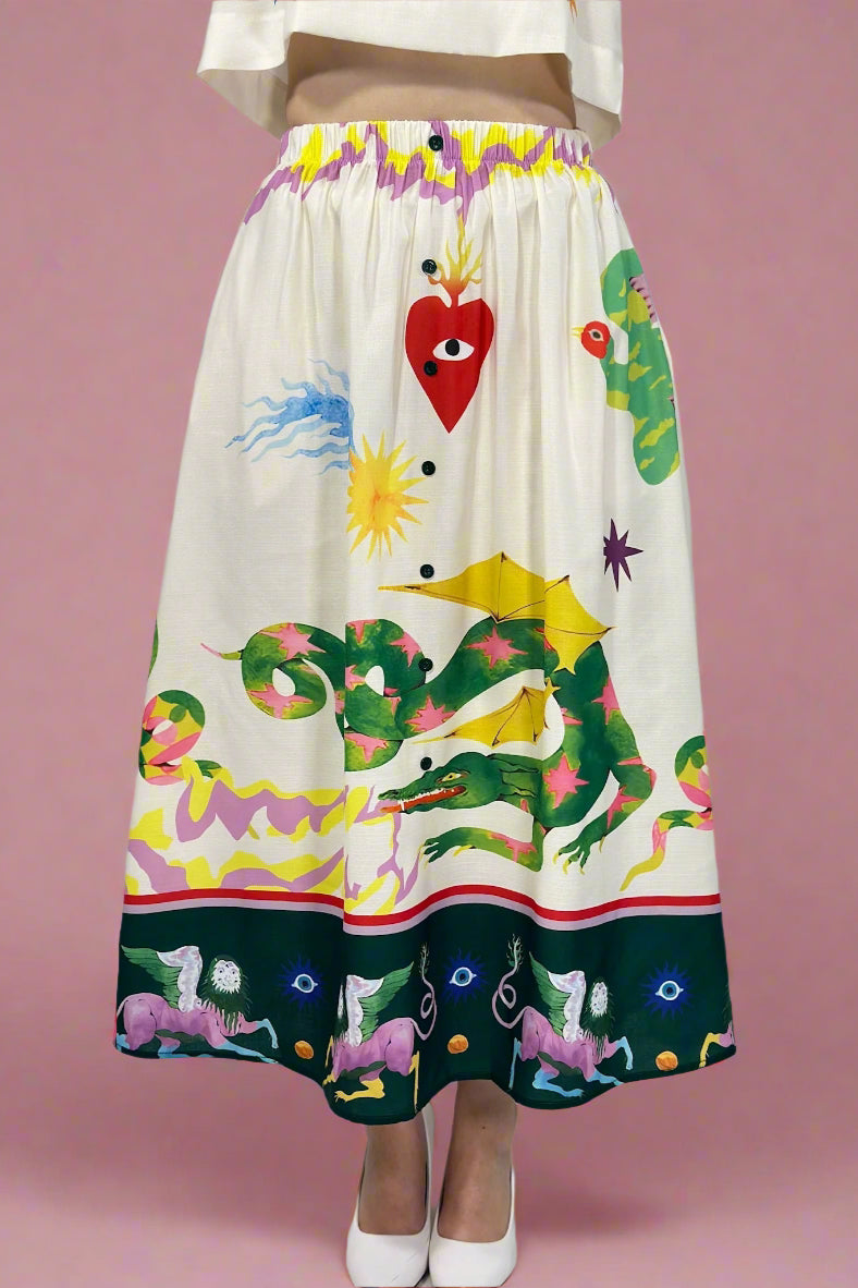 Skirt with colorful animal and abstract designs on a plain background
