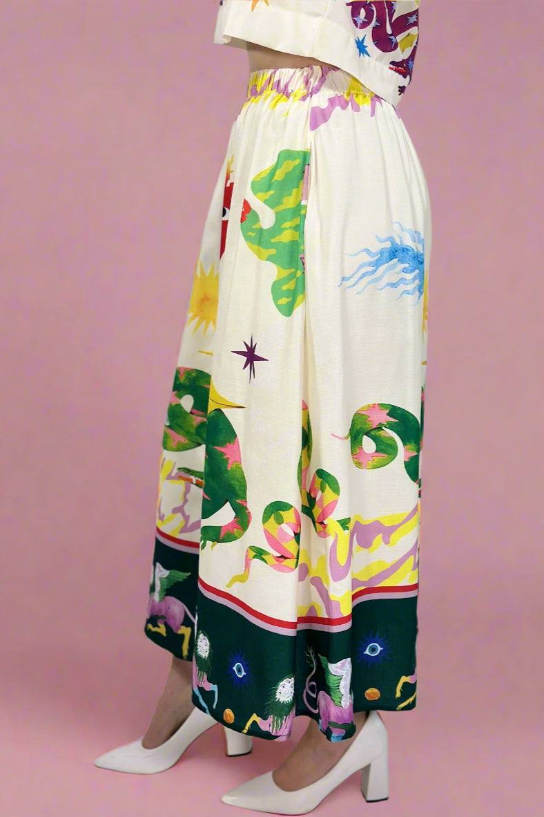 Colorful patterned skirt with a plain background
