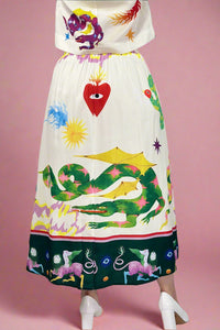 Colorful skirt with artistic designs on a plain background