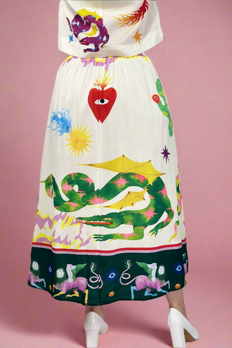 Colorful skirt with artistic designs on a plain background