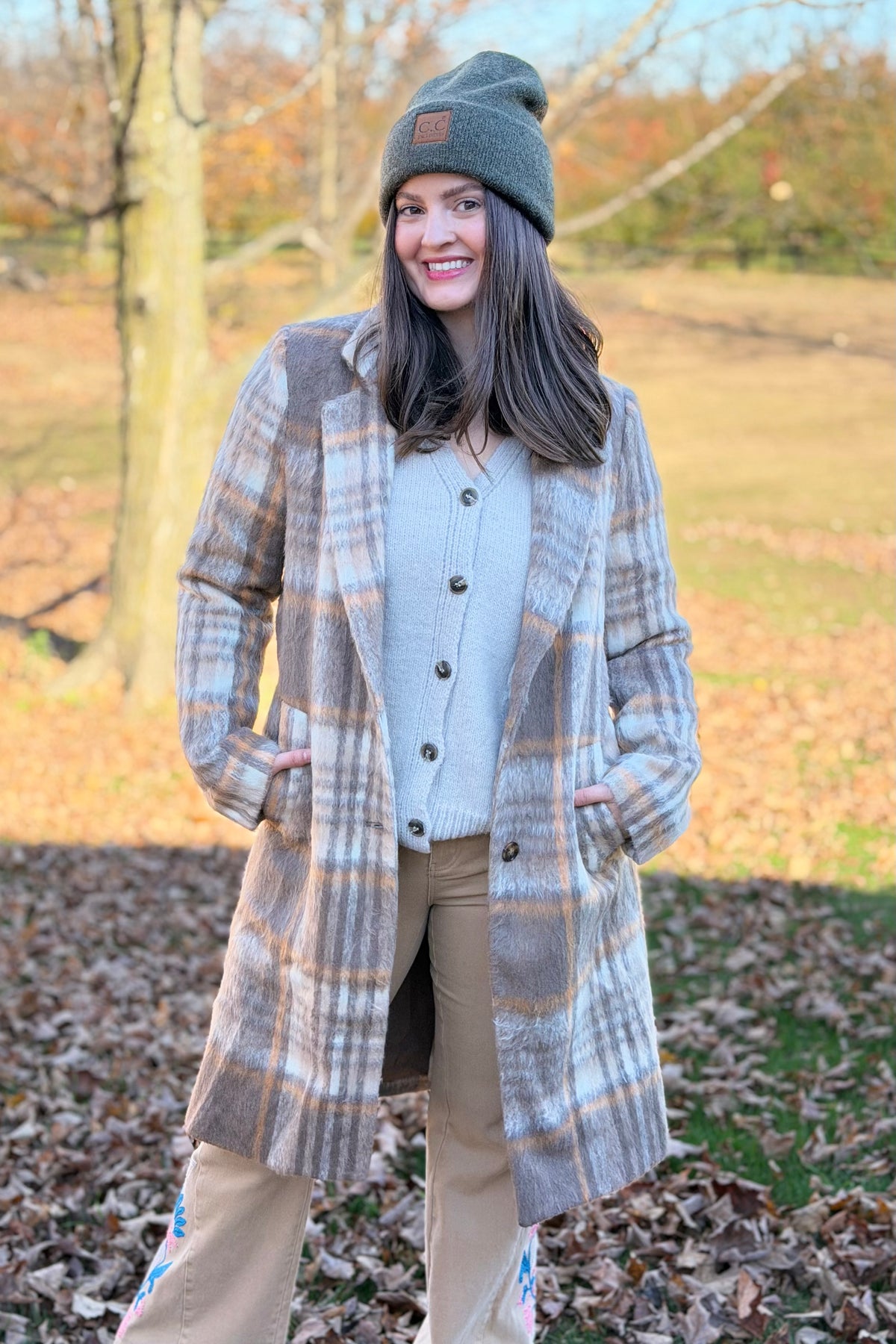 Plaid Brushed Long Coat - Macchiato