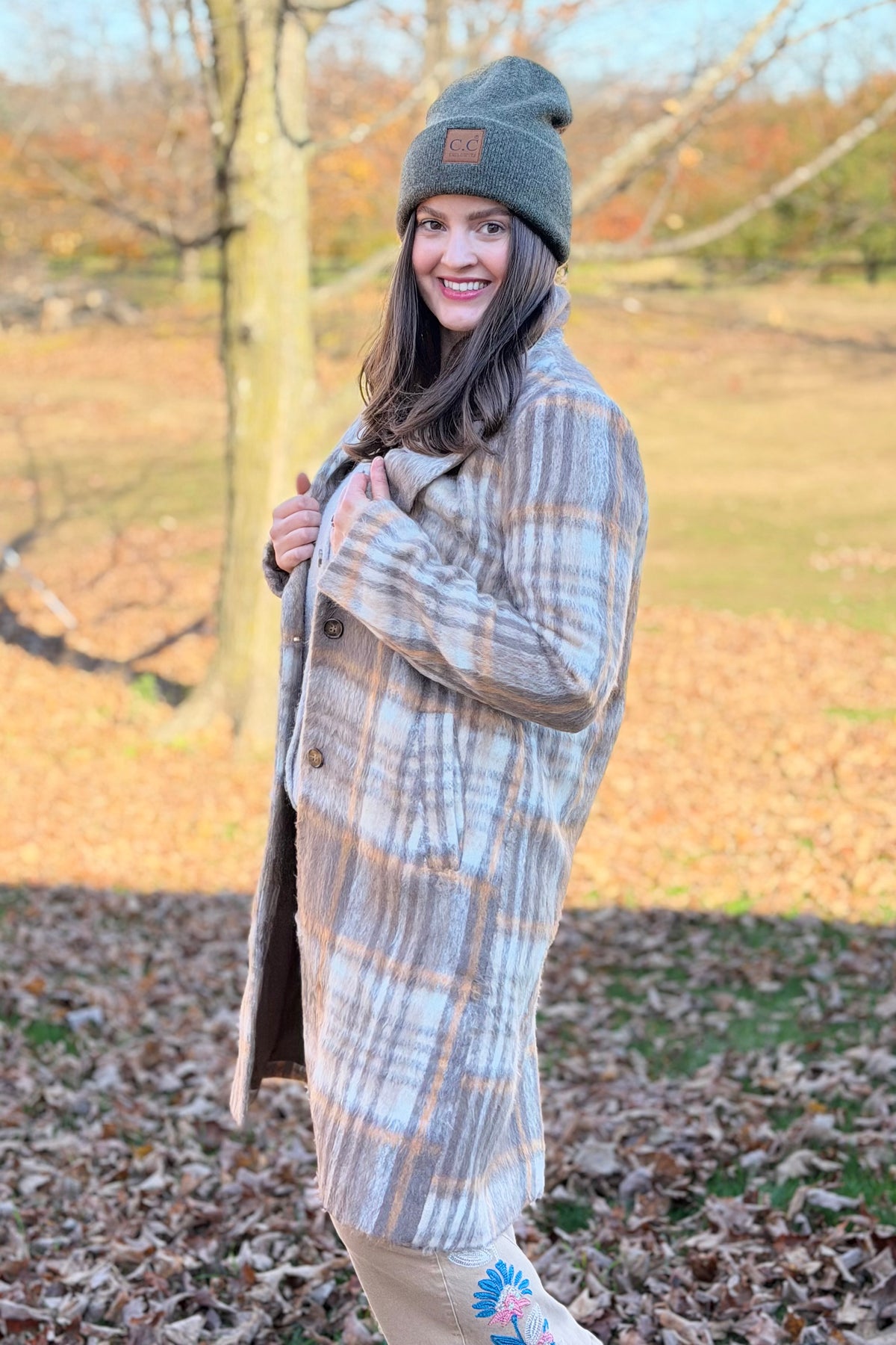 Plaid Brushed Long Coat - Macchiato