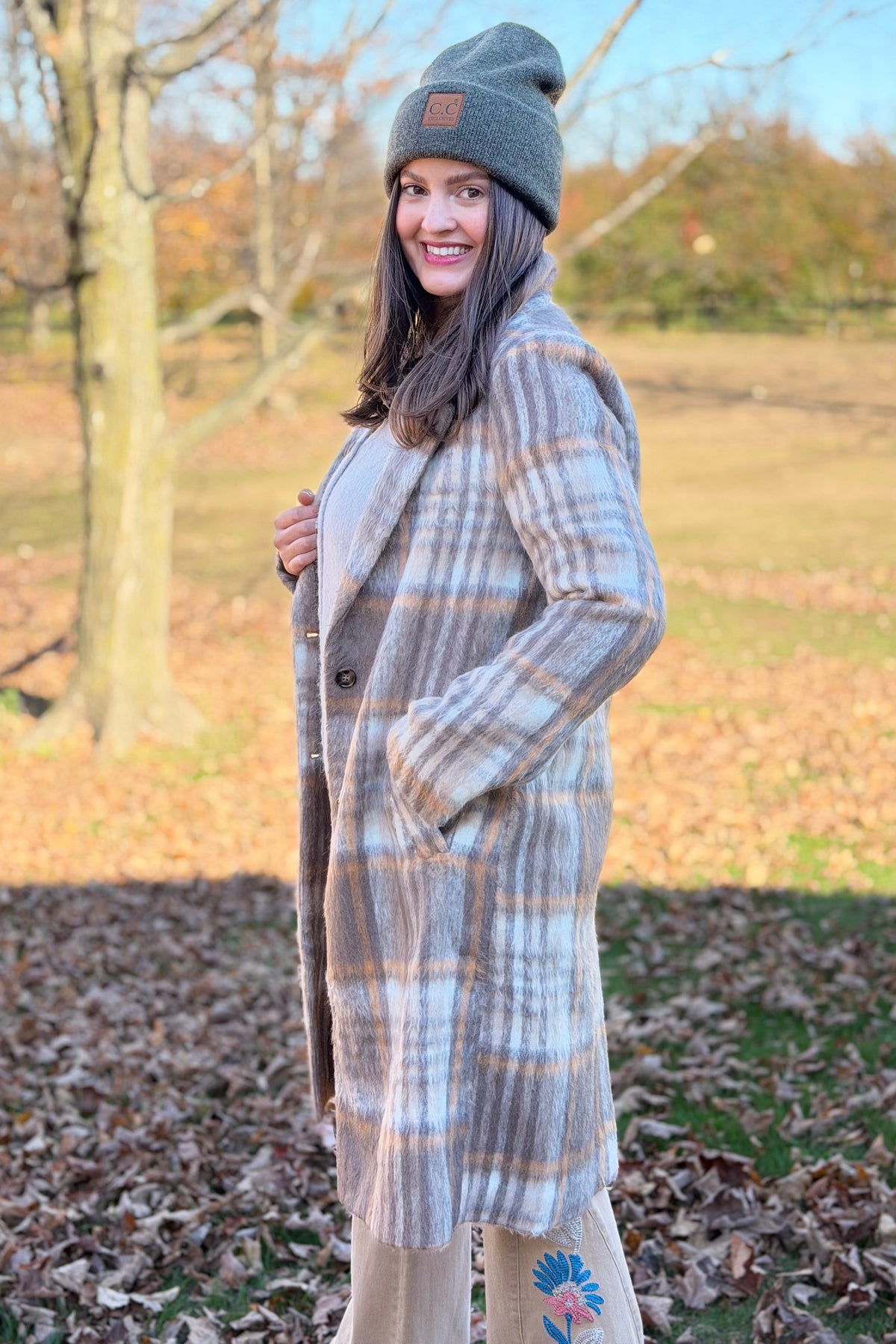 Plaid Brushed Long Coat - Macchiato