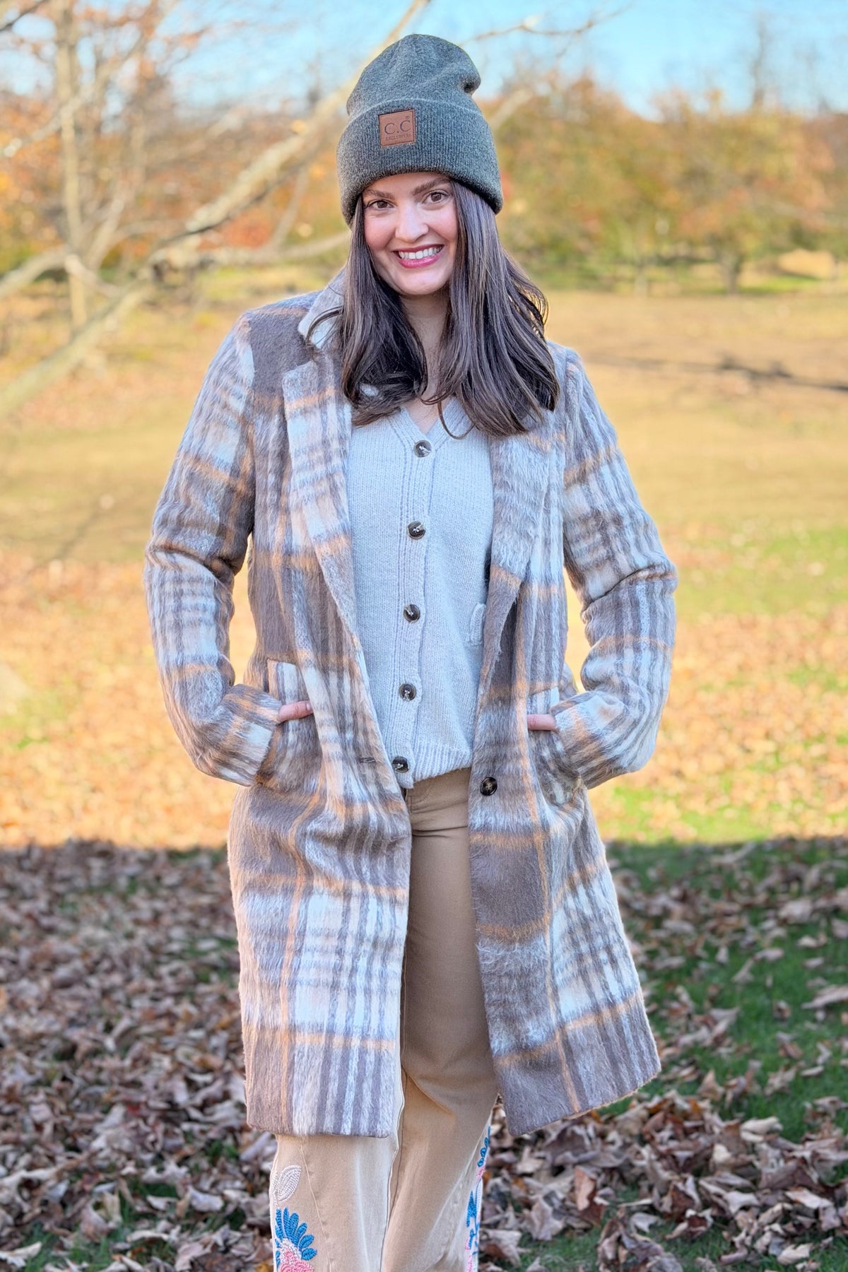 Plaid Brushed Long Coat - Macchiato